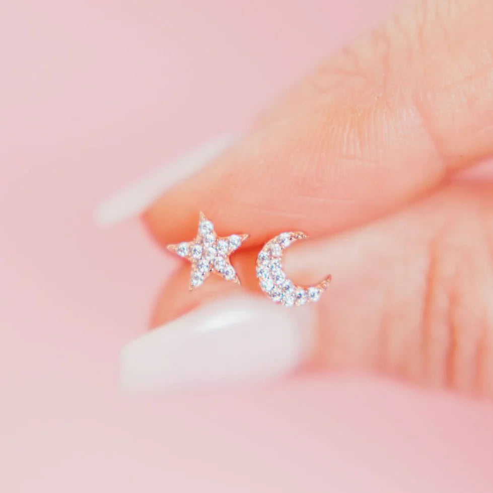 Chloe + Lois Sterling Silver Pavé Mismatched "Moon and Star" Studs