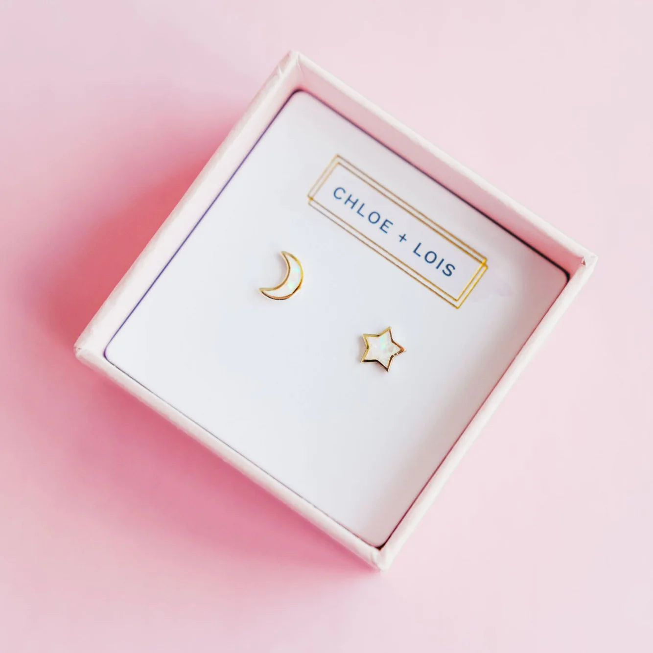 Chloe + Lois "Starry Night" Mismatched Moon + Star Studs in White Opal