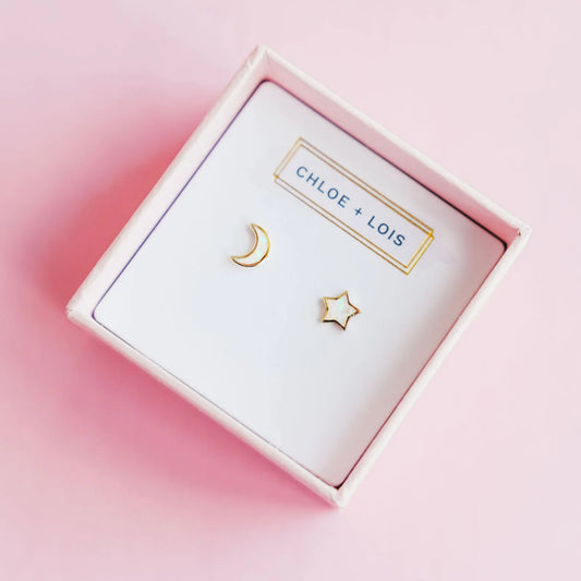 Chloe + Lois "Starry Night" Mismatched Moon + Star Studs in White Opal