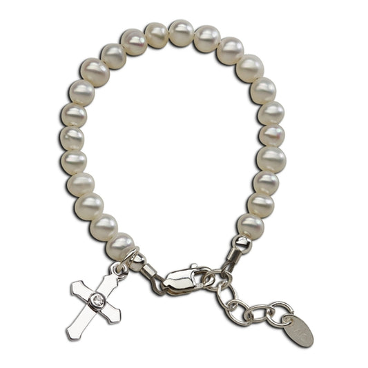Cherished Moments Sterling Silver Freshwater Pearl Cross Charm Baptism Bracelet