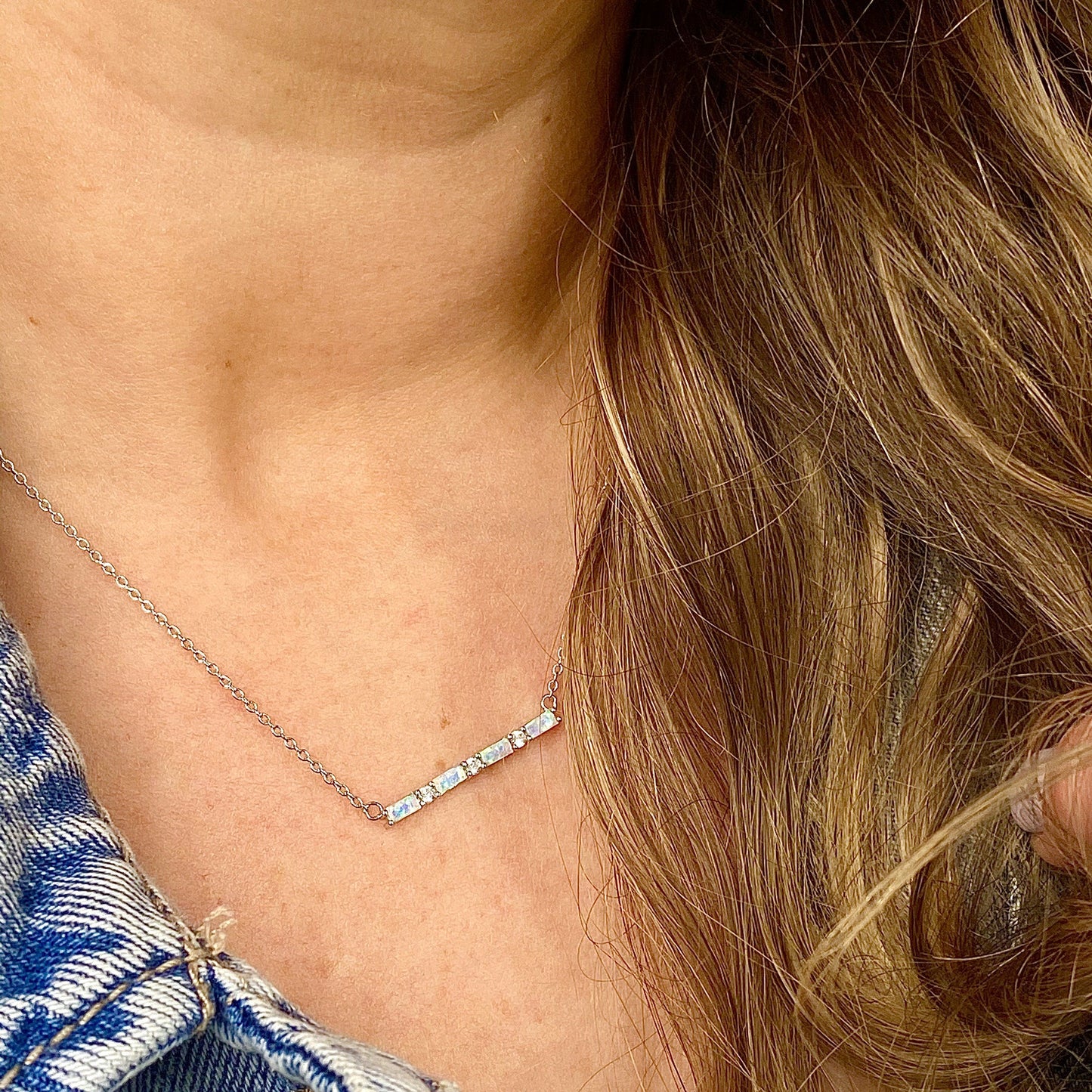 Chloe + Lois Blue Opal and CZ Baguette Bar Necklace