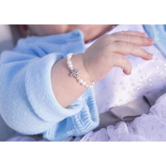 Cherished Moments Sterling Silver Freshwater Pearl Cross Baptism Bracelet