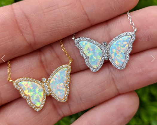 Kamaria White Opal Butterfly Necklace - Gold