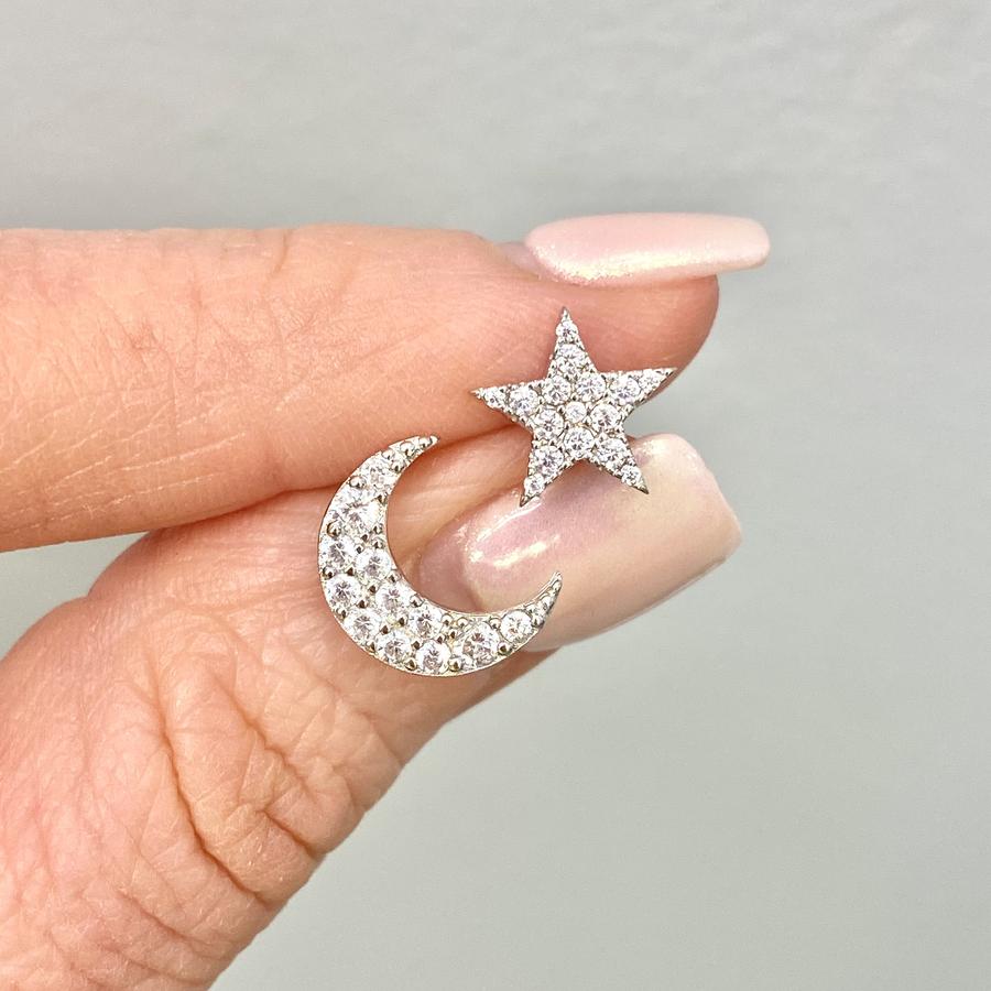 Sterling Silver Pavé Mismatched "Moon and Star" Studs - Jewelry - SierraLily