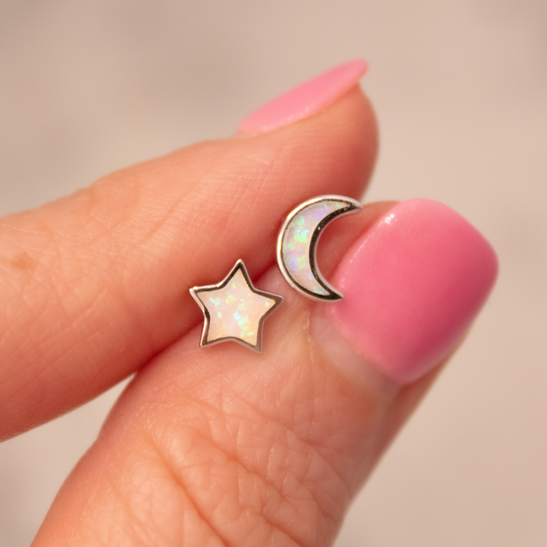 "Starry Night" Mismatched Moon + Star Studs in White Opal - Jewelry - SierraLily