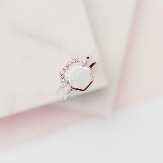 Chloe + Lois White Opal Stardust Stacking Ring Set