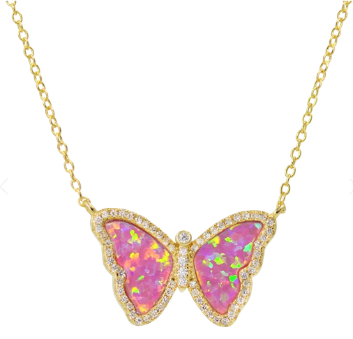 Kamaria Hot Pink Opal Butterfly Necklace - Gold